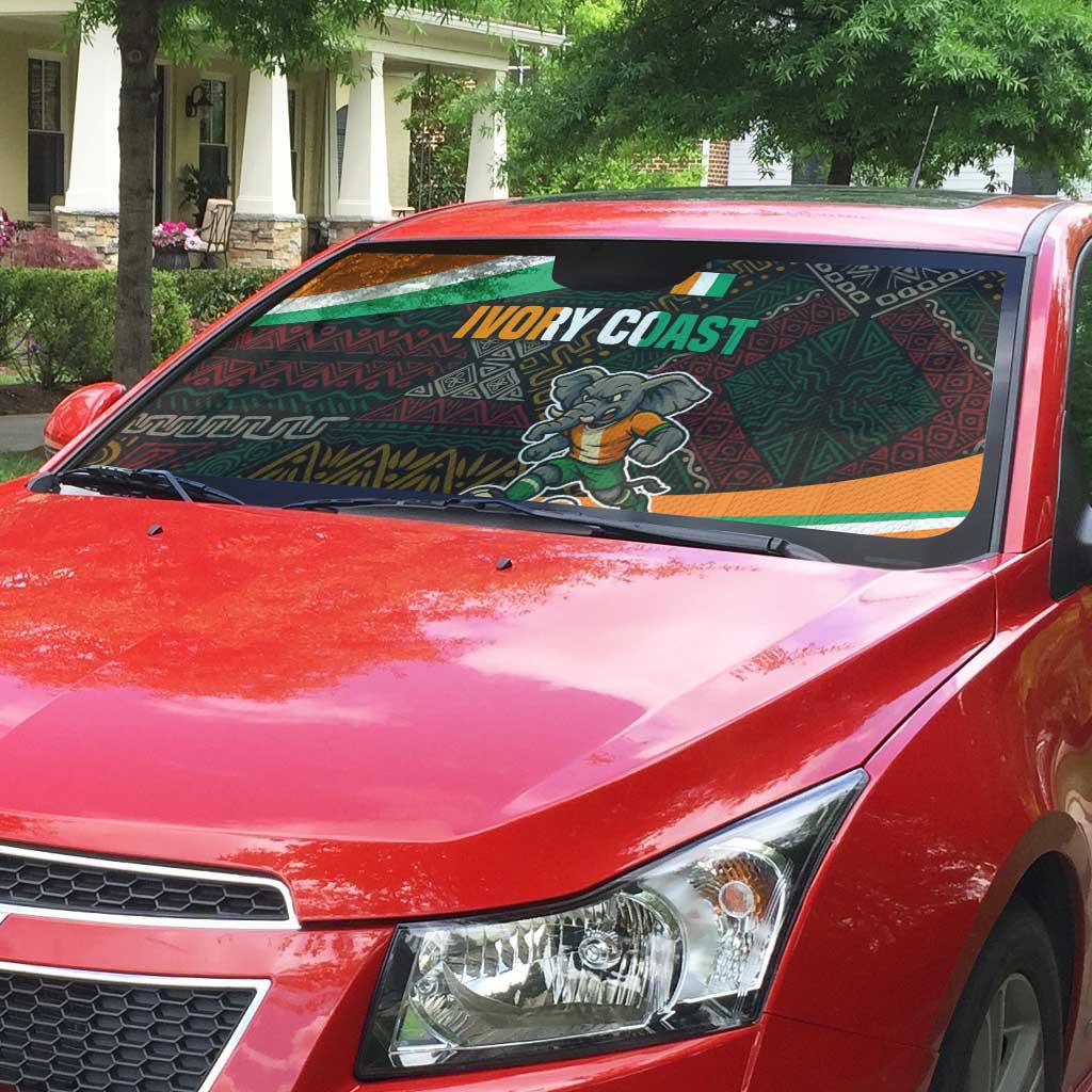 Ivory Coast Auto Sun Shade with Soccer Elephant and Tribal Pattern Design - Wonder Print Shop