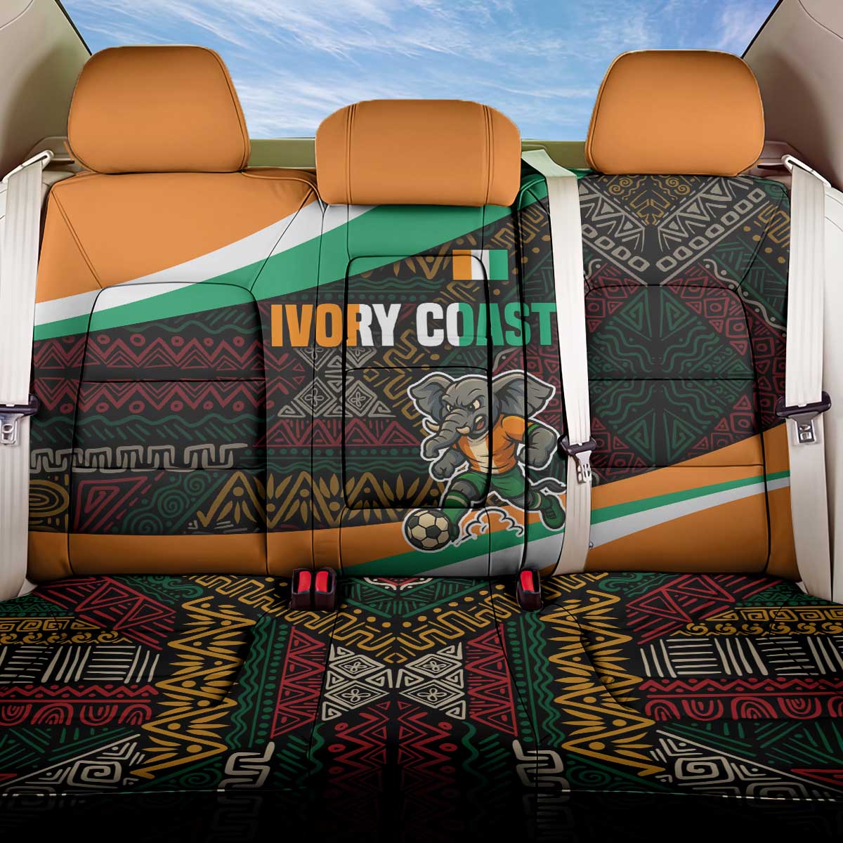 Ivory Coast Back Car Seat Cover with Soccer Elephant and Tribal Pattern Design - Wonder Print Shop