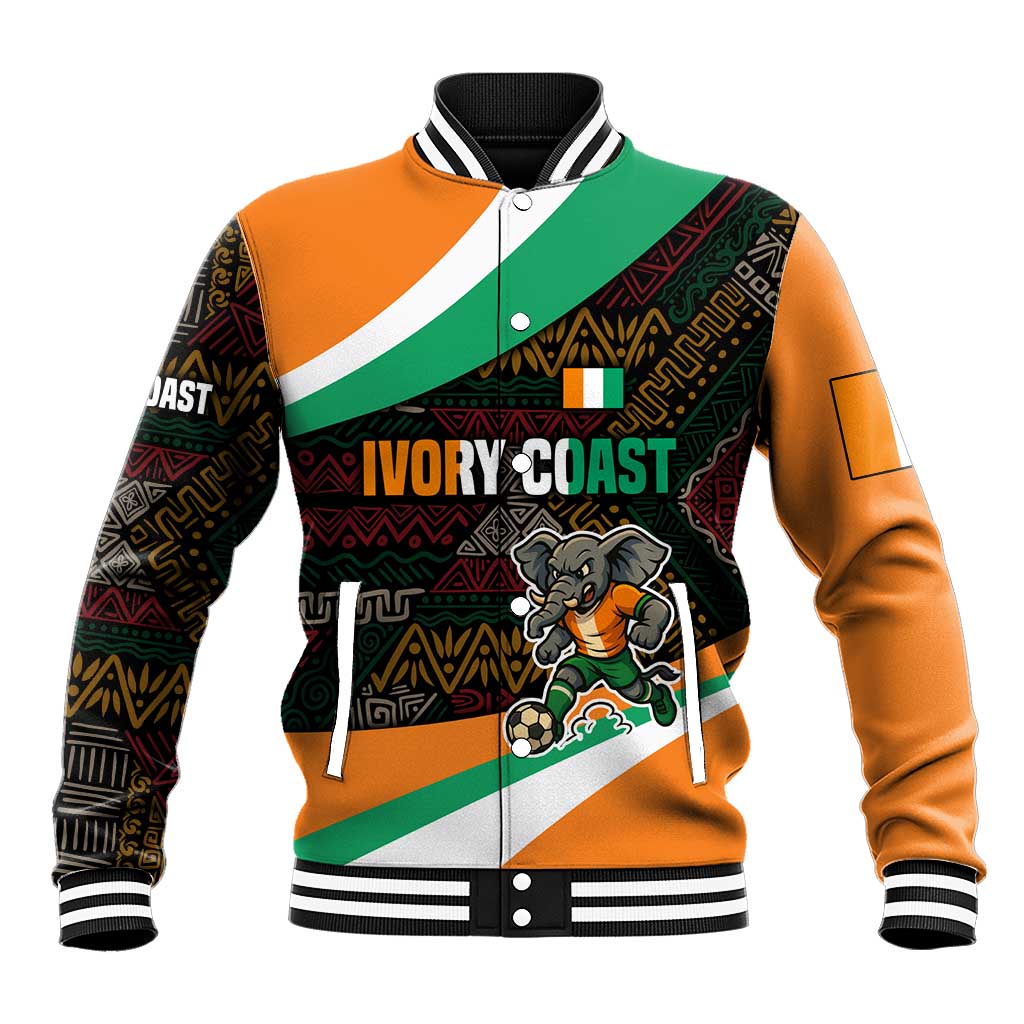 Ivory Coast Baseball Jacket with Soccer Elephant and Tribal Pattern Design - Wonder Print Shop