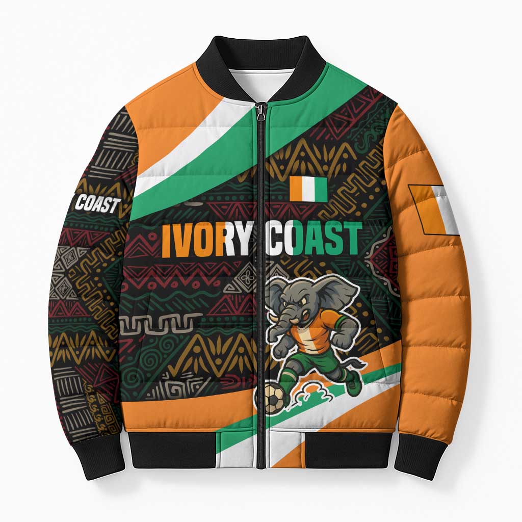 Ivory Coast Bomber Puffer Jacket with Soccer Elephant and Tribal Pattern Design - Wonder Print Shop