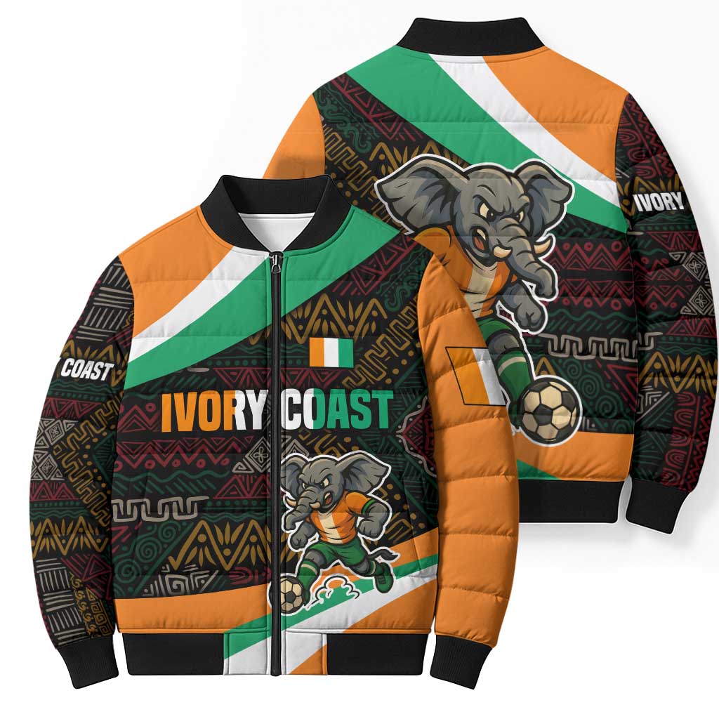 Ivory Coast Bomber Puffer Jacket with Soccer Elephant and Tribal Pattern Design - Wonder Print Shop