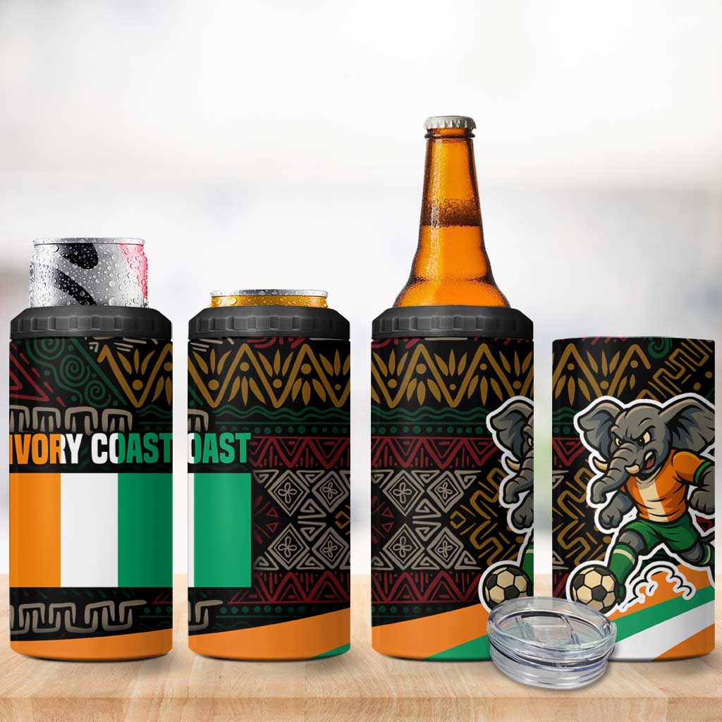 Ivory Coast 4 in 1 Can Cooler Tumbler with Soccer Elephant and Tribal Pattern Design - Wonder Print Shop