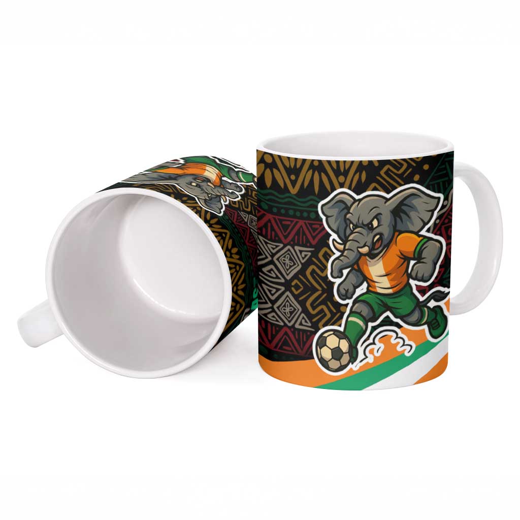 Ivory Coast Ceramic Mug with Soccer Elephant and Tribal Pattern Design - Wonder Print Shop