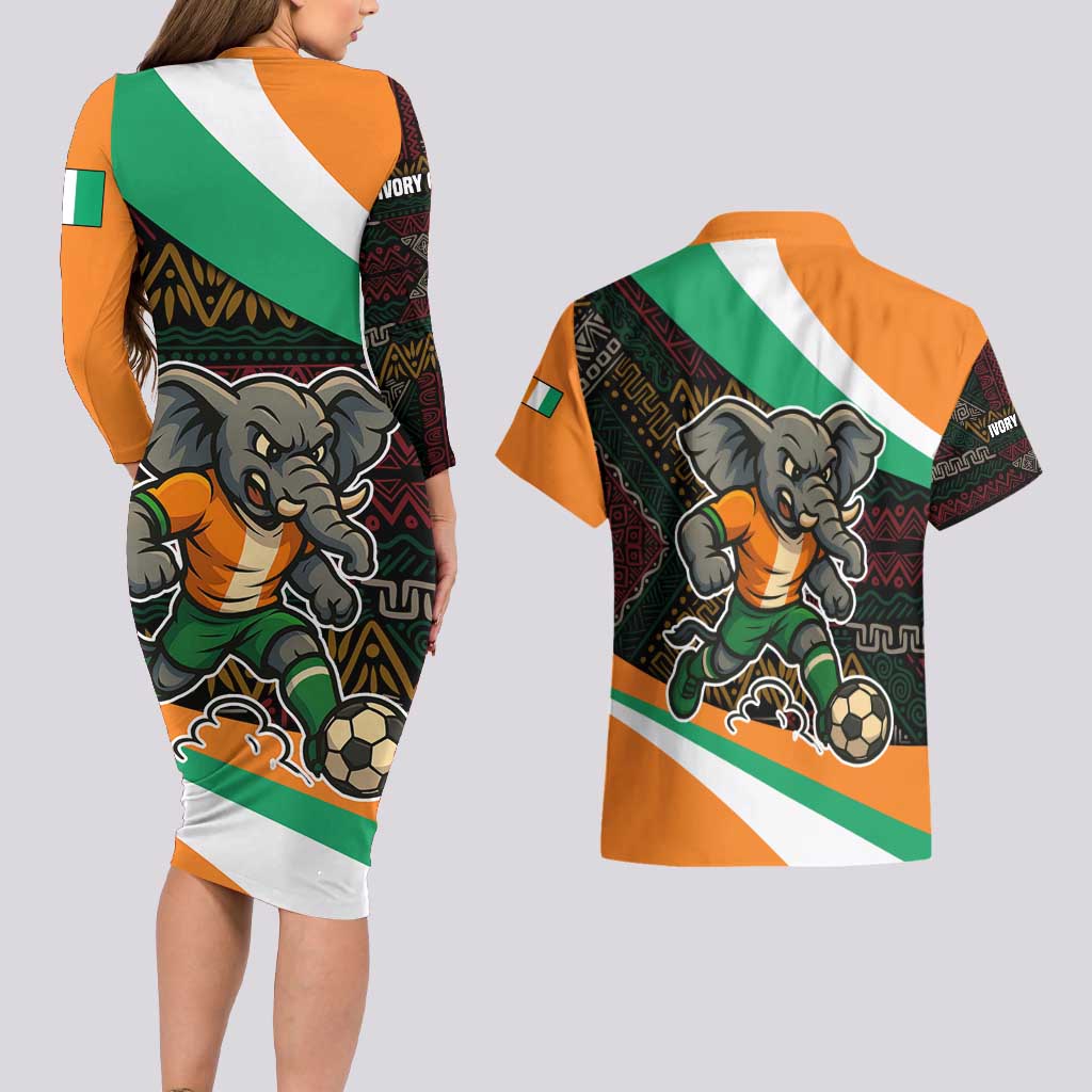 Ivory Coast Couples Matching Long Sleeve Bodycon Dress and Hawaiian Shirt with Soccer Elephant and Tribal Pattern Design - Wonder Print Shop