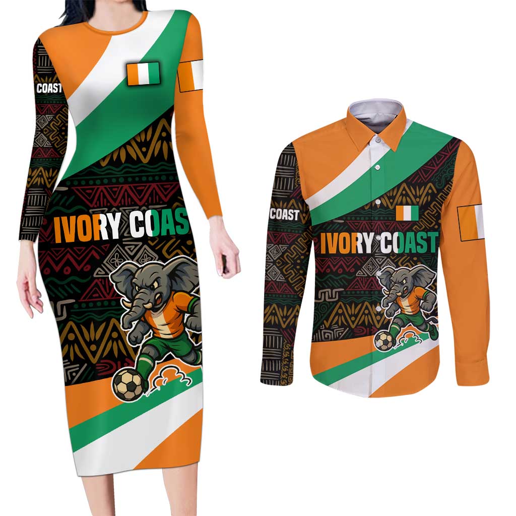 Ivory Coast Couples Matching Long Sleeve Bodycon Dress and Long Sleeve Button Shirt with Soccer Elephant and Tribal Pattern Design - Wonder Print Shop