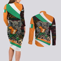 Ivory Coast Couples Matching Long Sleeve Bodycon Dress and Long Sleeve Button Shirt with Soccer Elephant and Tribal Pattern Design - Wonder Print Shop