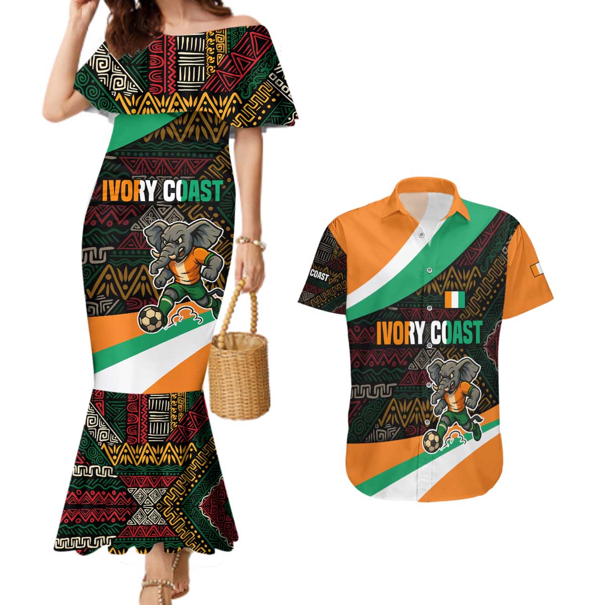 Ivory Coast Couples Matching Mermaid Dress and Hawaiian Shirt with Soccer Elephant and Tribal Pattern Design - Wonder Print Shop
