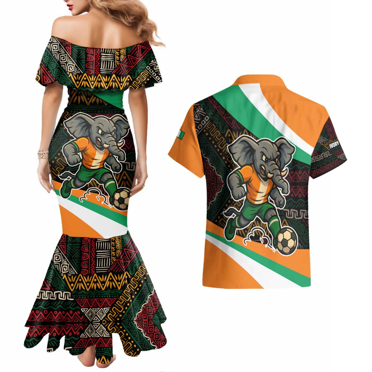 Ivory Coast Couples Matching Mermaid Dress and Hawaiian Shirt with Soccer Elephant and Tribal Pattern Design - Wonder Print Shop