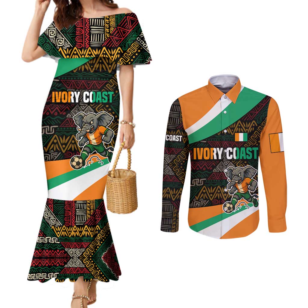 Ivory Coast Couples Matching Mermaid Dress and Long Sleeve Button Shirt with Soccer Elephant and Tribal Pattern Design - Wonder Print Shop