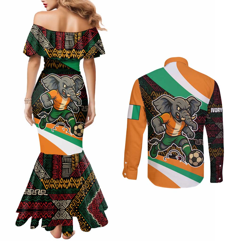 Ivory Coast Couples Matching Mermaid Dress and Long Sleeve Button Shirt with Soccer Elephant and Tribal Pattern Design - Wonder Print Shop