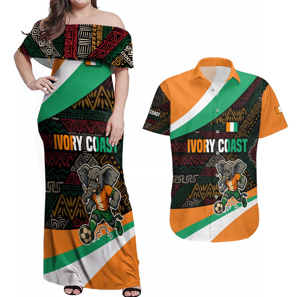 Ivory Coast Couples Matching Off Shoulder Maxi Dress and Hawaiian Shirt with Soccer Elephant and Tribal Pattern Design - Wonder Print Shop