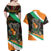 Ivory Coast Couples Matching Off Shoulder Maxi Dress and Hawaiian Shirt with Soccer Elephant and Tribal Pattern Design - Wonder Print Shop