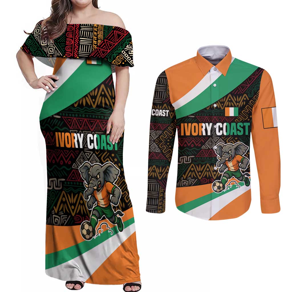 Ivory Coast Couples Matching Off Shoulder Maxi Dress and Long Sleeve Button Shirt with Soccer Elephant and Tribal Pattern Design - Wonder Print Shop