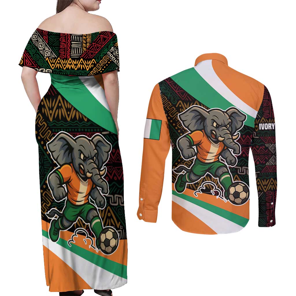 Ivory Coast Couples Matching Off Shoulder Maxi Dress and Long Sleeve Button Shirt with Soccer Elephant and Tribal Pattern Design - Wonder Print Shop