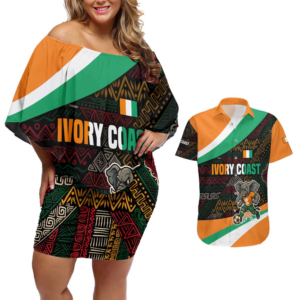 Ivory Coast Couples Matching Off Shoulder Short Dress and Hawaiian Shirt with Soccer Elephant and Tribal Pattern Design - Wonder Print Shop