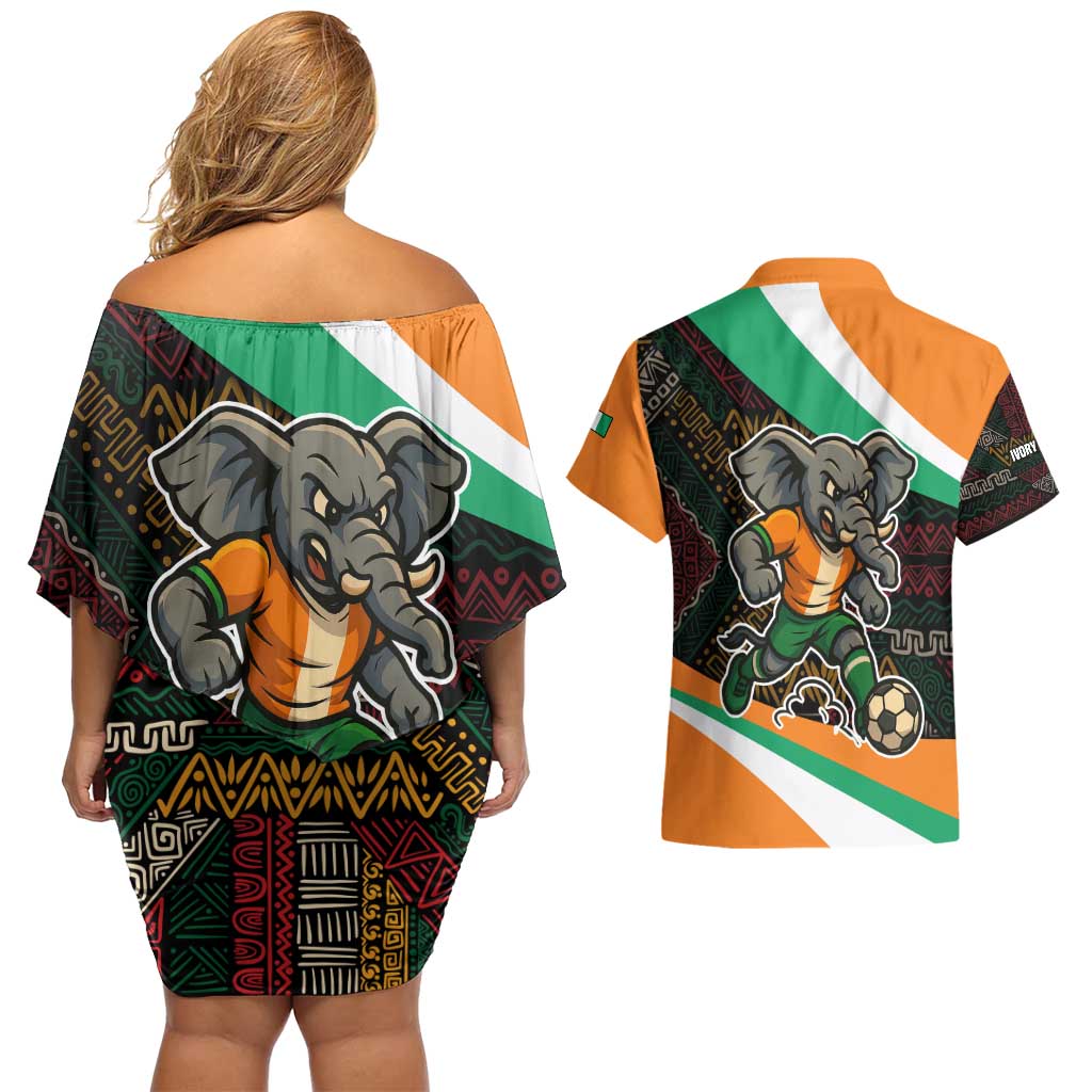 Ivory Coast Couples Matching Off Shoulder Short Dress and Hawaiian Shirt with Soccer Elephant and Tribal Pattern Design - Wonder Print Shop