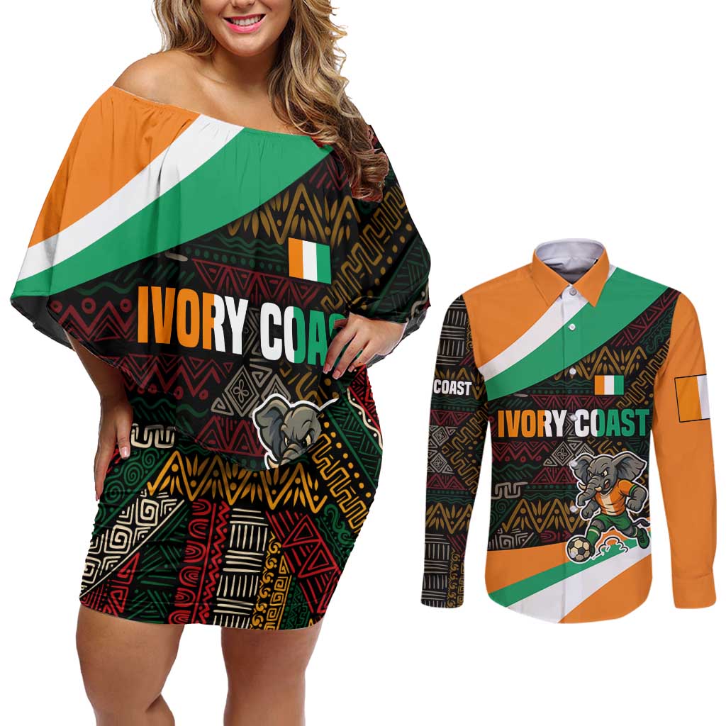 Ivory Coast Couples Matching Off Shoulder Short Dress and Long Sleeve Button Shirt with Soccer Elephant and Tribal Pattern Design - Wonder Print Shop