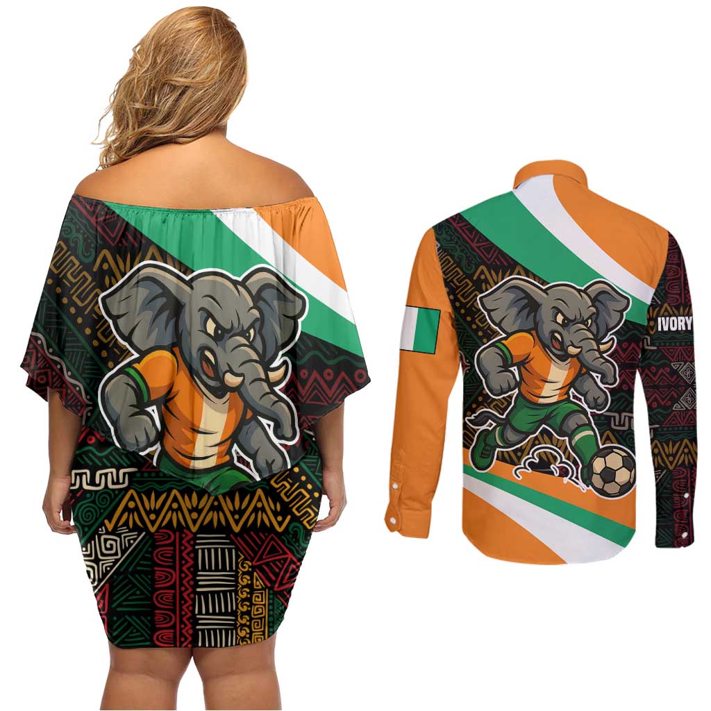 Ivory Coast Couples Matching Off Shoulder Short Dress and Long Sleeve Button Shirt with Soccer Elephant and Tribal Pattern Design - Wonder Print Shop