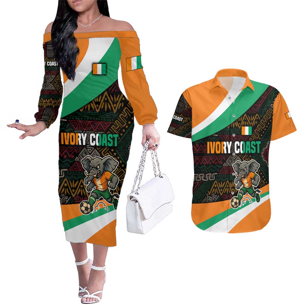 Ivory Coast Couples Matching Off The Shoulder Long Sleeve Dress and Hawaiian Shirt with Soccer Elephant and Tribal Pattern Design - Wonder Print Shop
