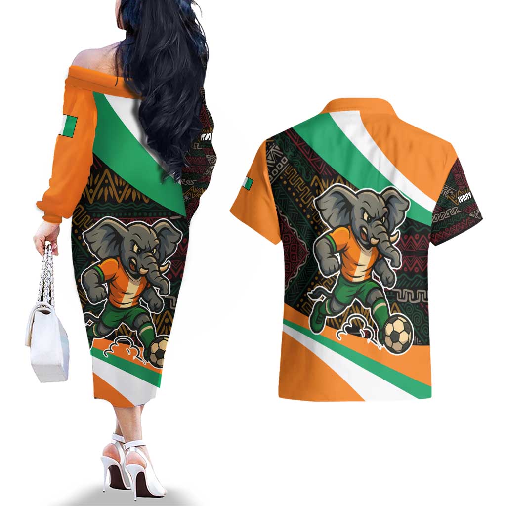 Ivory Coast Couples Matching Off The Shoulder Long Sleeve Dress and Hawaiian Shirt with Soccer Elephant and Tribal Pattern Design - Wonder Print Shop