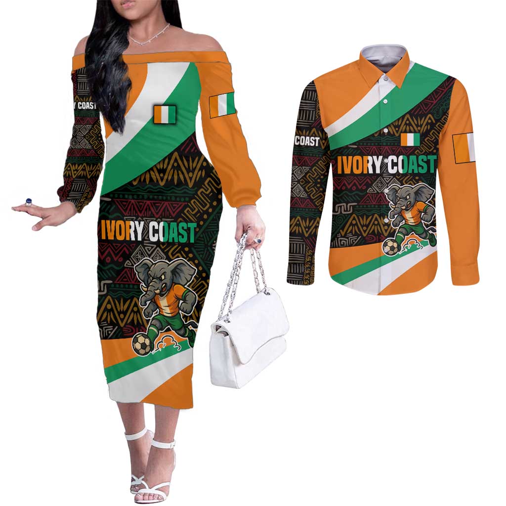 Ivory Coast Couples Matching Off The Shoulder Long Sleeve Dress and Long Sleeve Button Shirt with Soccer Elephant and Tribal Pattern Design - Wonder Print Shop