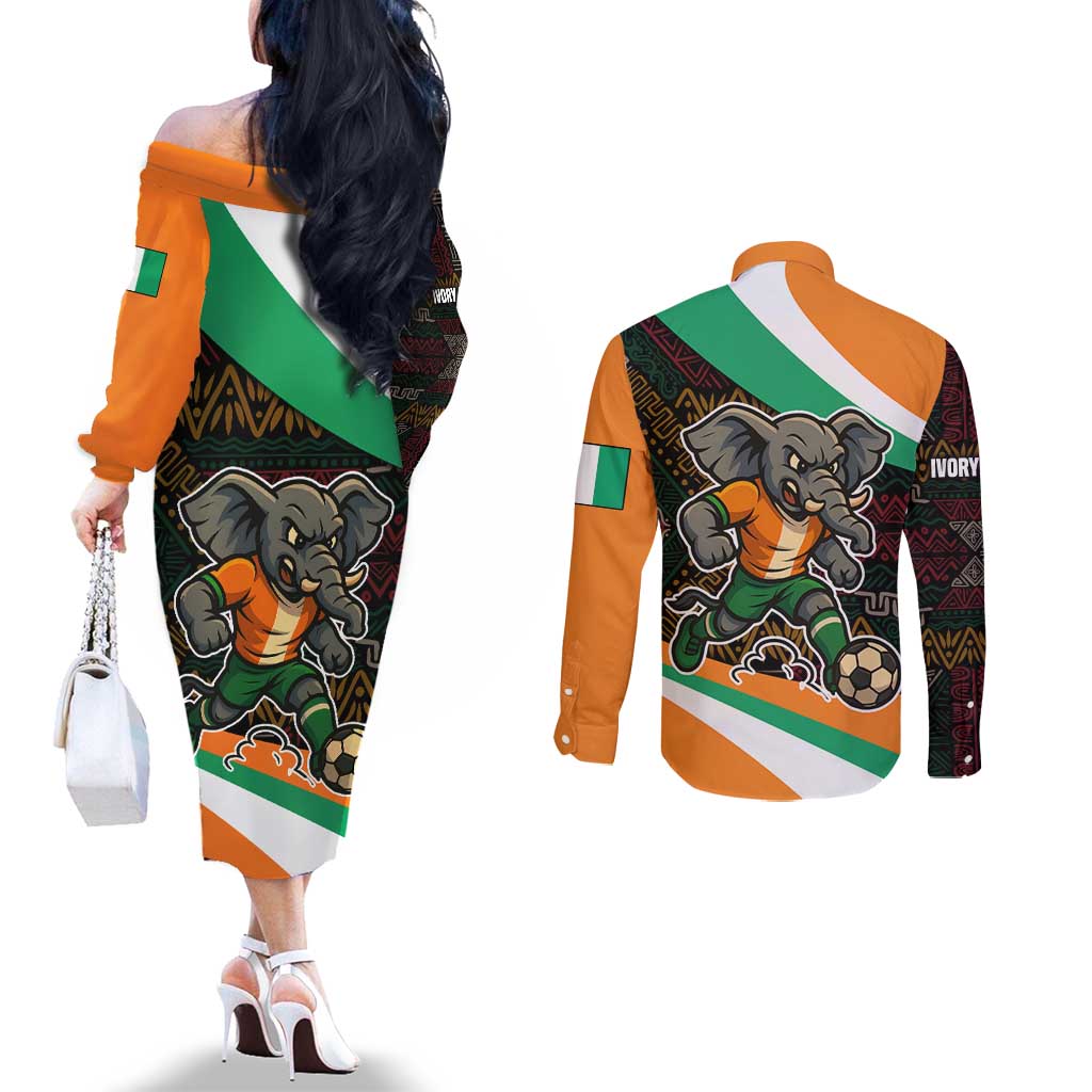 Ivory Coast Couples Matching Off The Shoulder Long Sleeve Dress and Long Sleeve Button Shirt with Soccer Elephant and Tribal Pattern Design - Wonder Print Shop