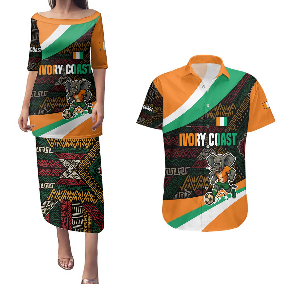Ivory Coast Couples Matching Puletasi and Hawaiian Shirt with Soccer Elephant and Tribal Pattern Design - Wonder Print Shop