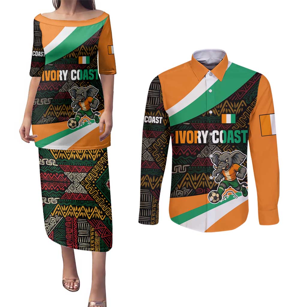 Ivory Coast Couples Matching Puletasi and Long Sleeve Button Shirt with Soccer Elephant and Tribal Pattern Design - Wonder Print Shop