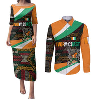 Ivory Coast Couples Matching Puletasi and Long Sleeve Button Shirt with Soccer Elephant and Tribal Pattern Design - Wonder Print Shop