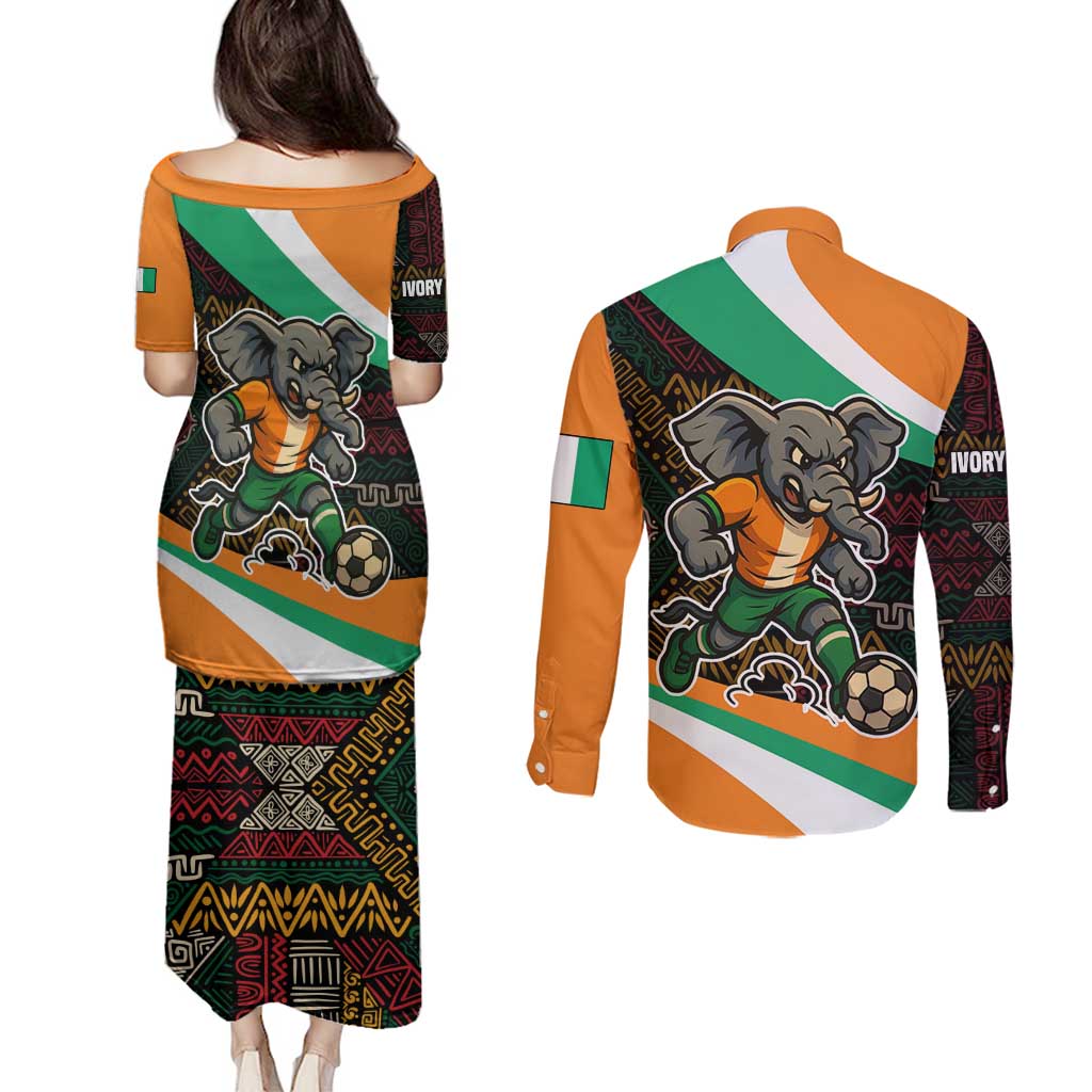 Ivory Coast Couples Matching Puletasi and Long Sleeve Button Shirt with Soccer Elephant and Tribal Pattern Design - Wonder Print Shop