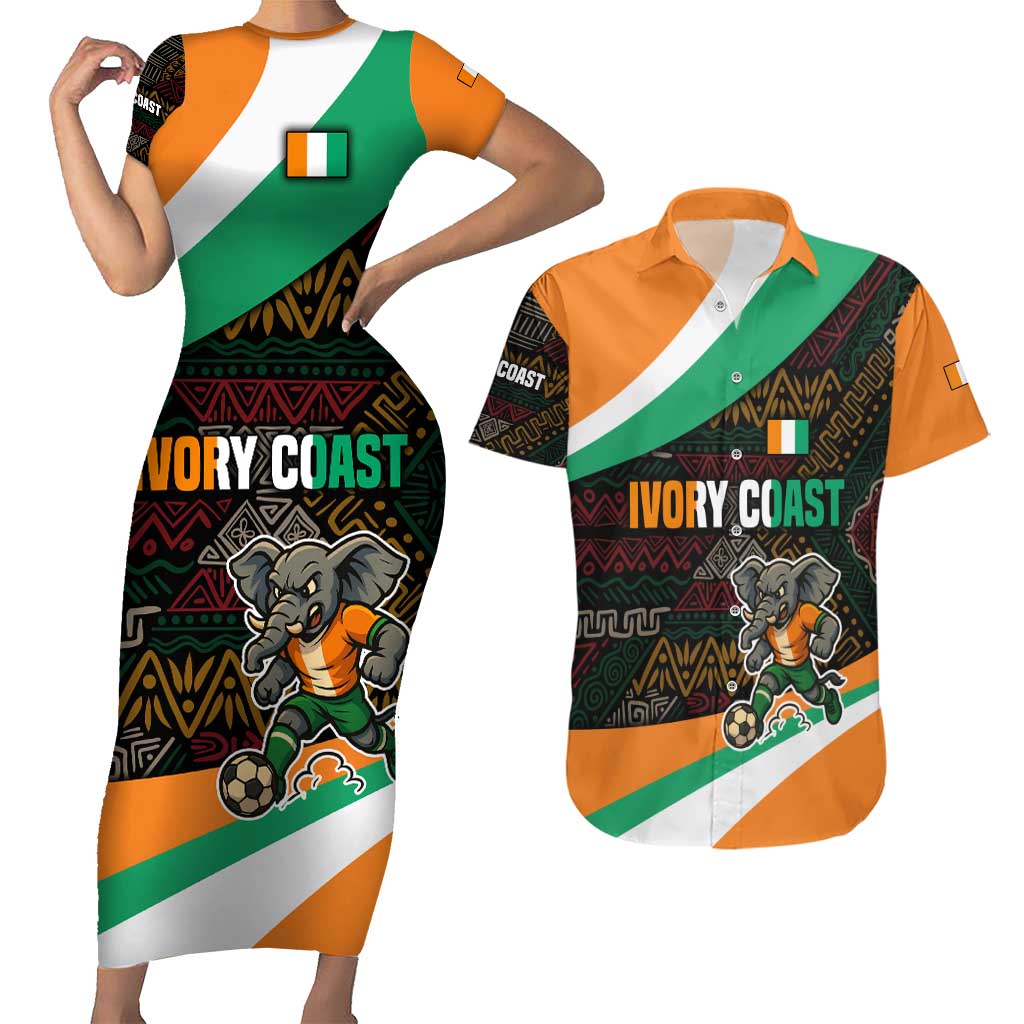 Ivory Coast Couples Matching Short Sleeve Bodycon Dress and Hawaiian Shirt with Soccer Elephant and Tribal Pattern Design - Wonder Print Shop