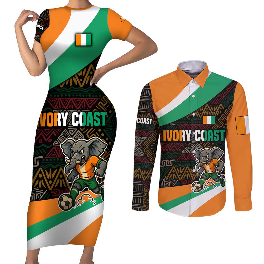 Ivory Coast Couples Matching Short Sleeve Bodycon Dress and Long Sleeve Button Shirt with Soccer Elephant and Tribal Pattern Design - Wonder Print Shop