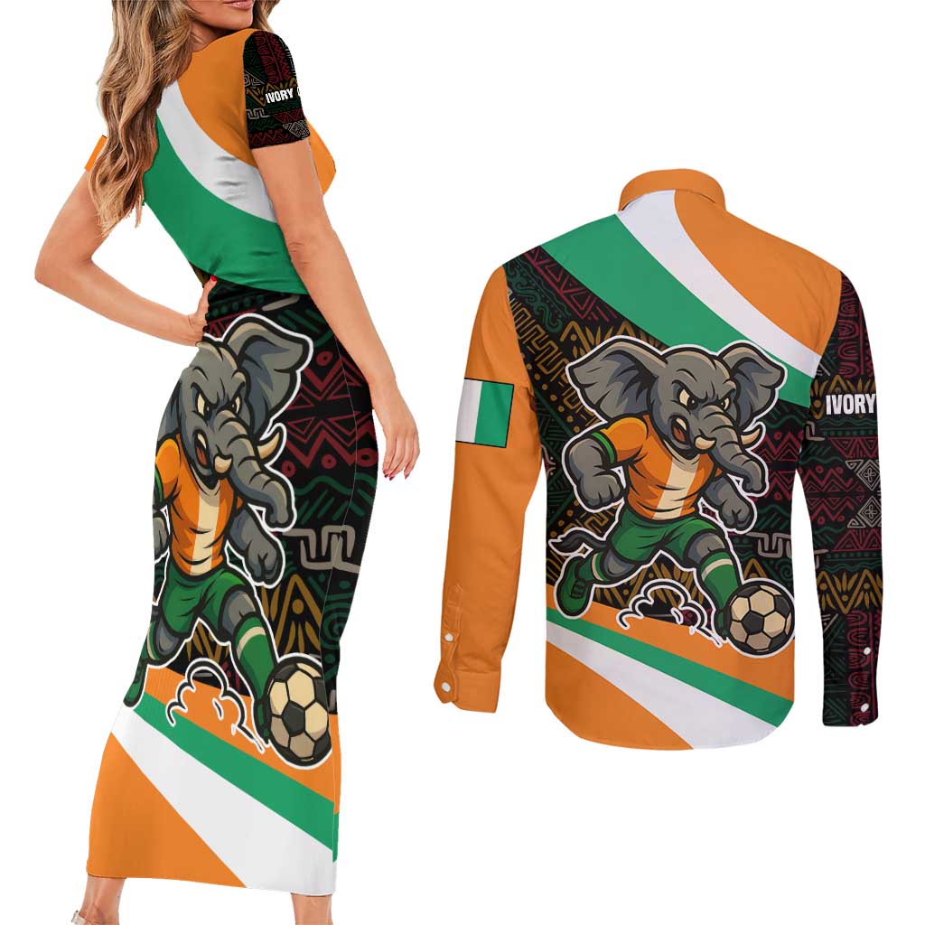 Ivory Coast Couples Matching Short Sleeve Bodycon Dress and Long Sleeve Button Shirt with Soccer Elephant and Tribal Pattern Design - Wonder Print Shop