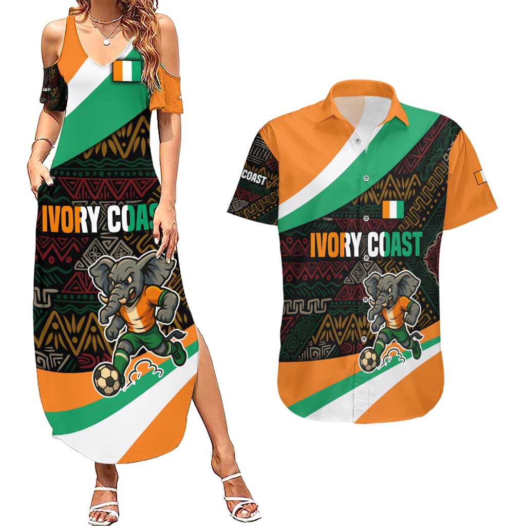 Ivory Coast Couples Matching Summer Maxi Dress and Hawaiian Shirt with Soccer Elephant and Tribal Pattern Design - Wonder Print Shop