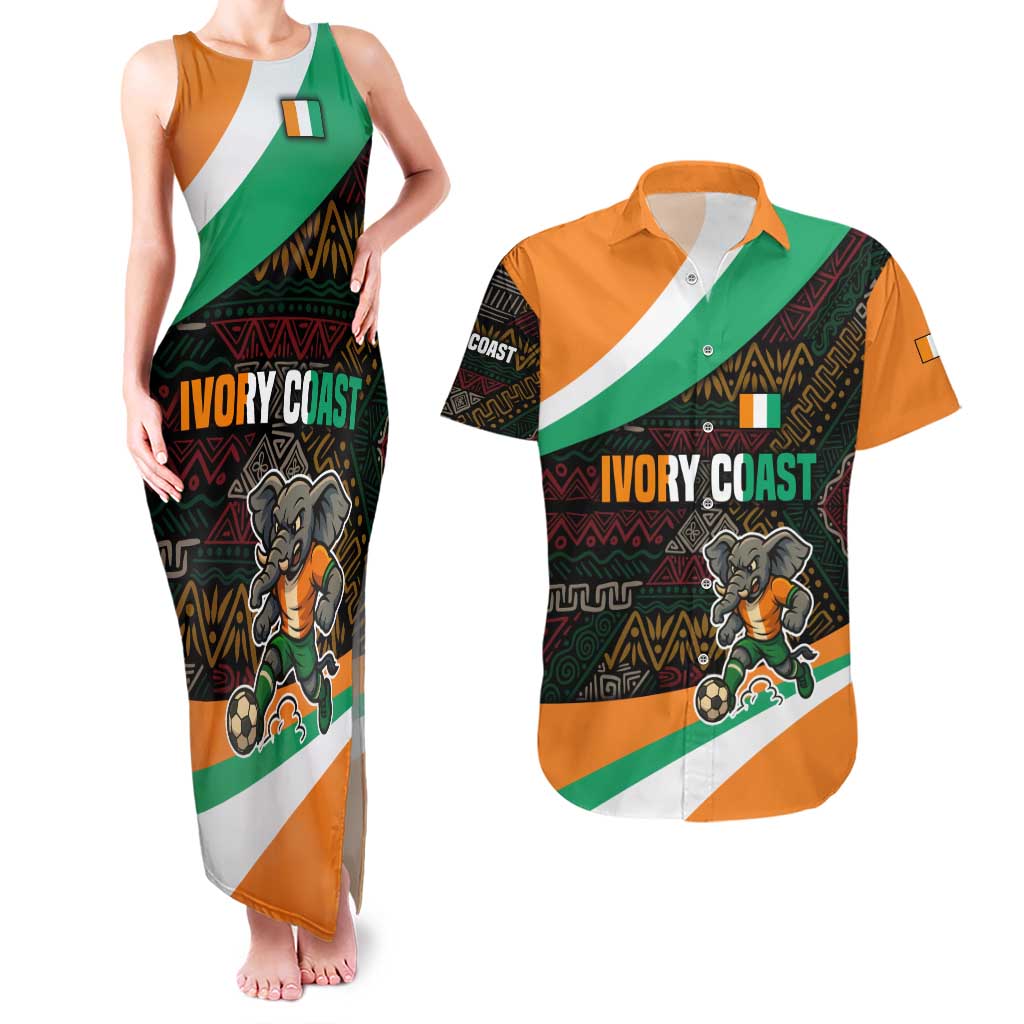 Ivory Coast Couples Matching Tank Maxi Dress and Hawaiian Shirt with Soccer Elephant and Tribal Pattern Design - Wonder Print Shop