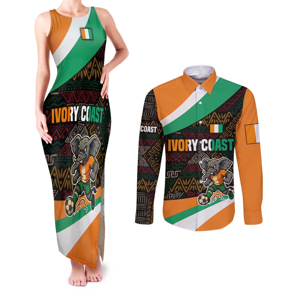 Ivory Coast Couples Matching Tank Maxi Dress and Long Sleeve Button Shirt with Soccer Elephant and Tribal Pattern Design - Wonder Print Shop