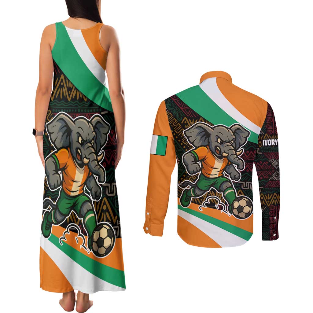Ivory Coast Couples Matching Tank Maxi Dress and Long Sleeve Button Shirt with Soccer Elephant and Tribal Pattern Design - Wonder Print Shop