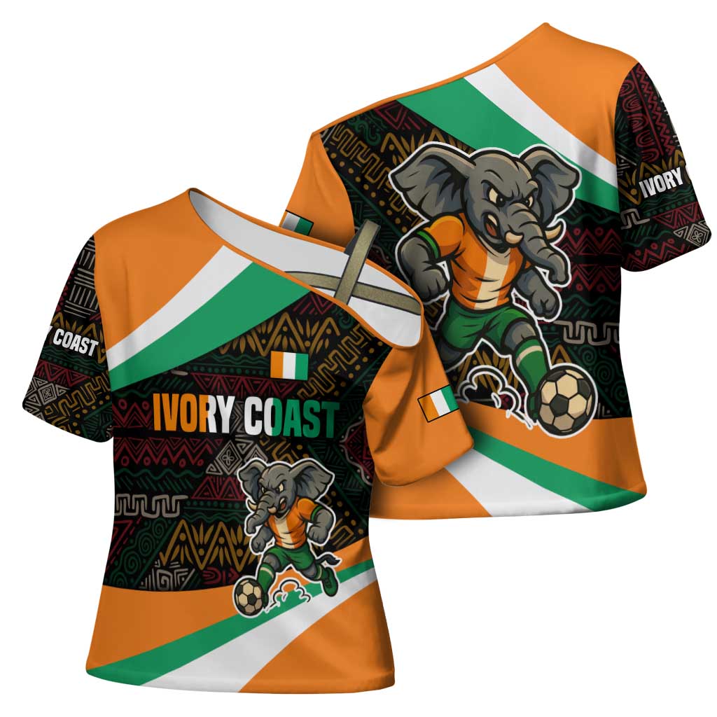 Ivory Coast Cross Shoulder Shirt with Soccer Elephant and Tribal Pattern Design - Wonder Print Shop
