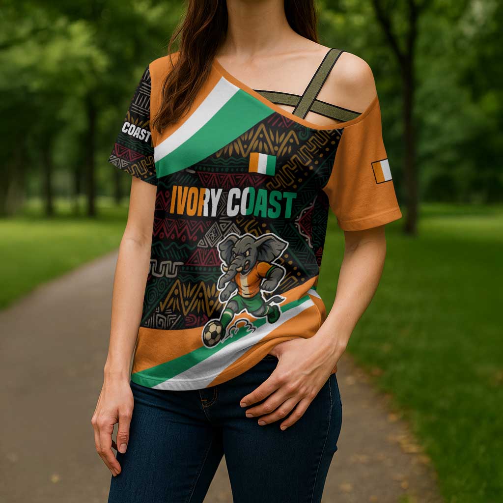 Ivory Coast Cross Shoulder Shirt with Soccer Elephant and Tribal Pattern Design - Wonder Print Shop