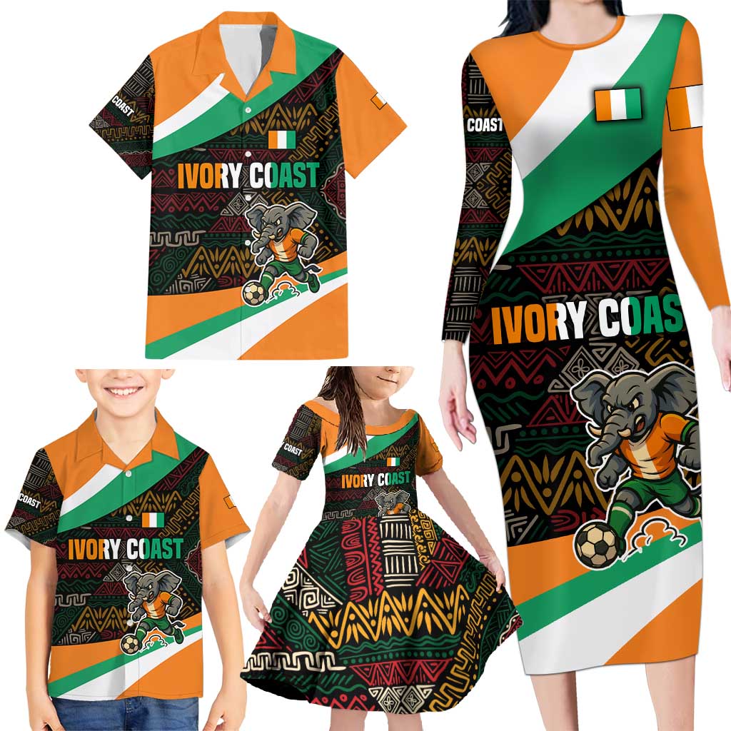 Ivory Coast Family Matching Long Sleeve Bodycon Dress and Hawaiian Shirt with Soccer Elephant and Tribal Pattern Design - Wonder Print Shop