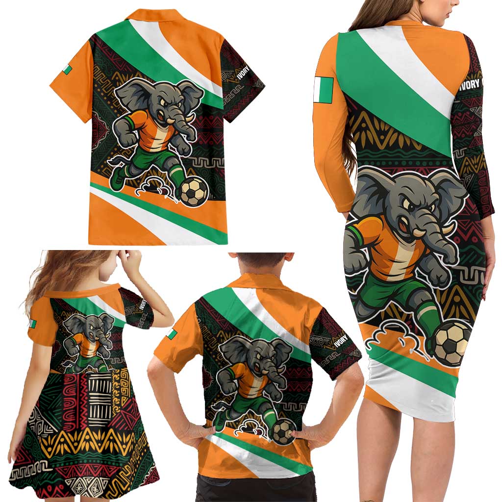 Ivory Coast Family Matching Long Sleeve Bodycon Dress and Hawaiian Shirt with Soccer Elephant and Tribal Pattern Design - Wonder Print Shop