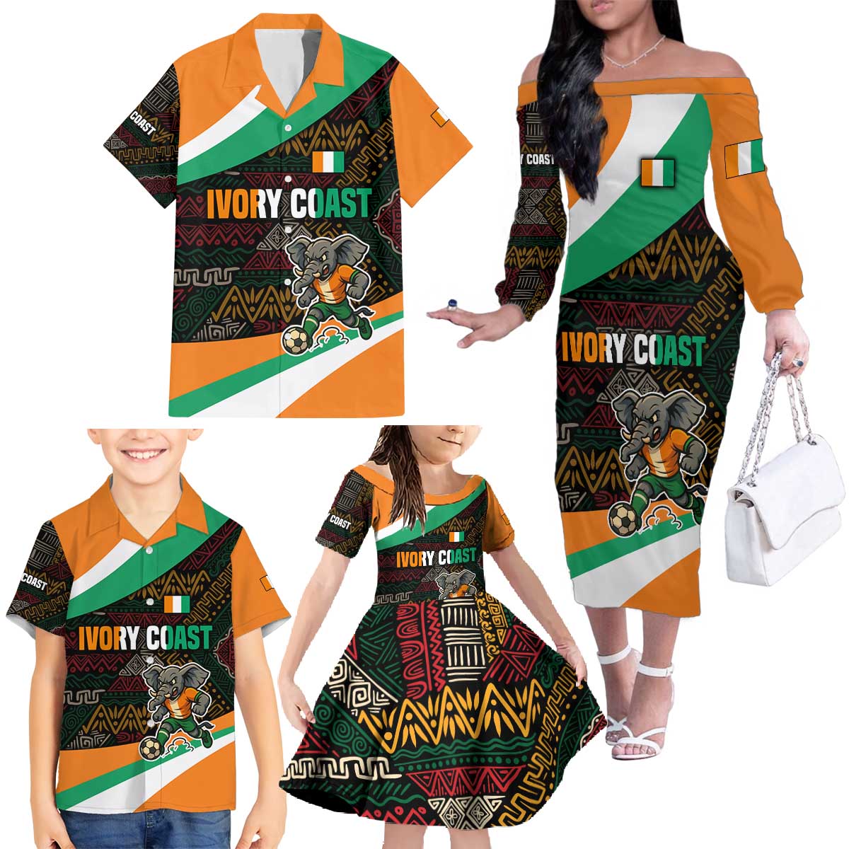 Ivory Coast Family Matching Off The Shoulder Long Sleeve Dress and Hawaiian Shirt with Soccer Elephant and Tribal Pattern Design - Wonder Print Shop