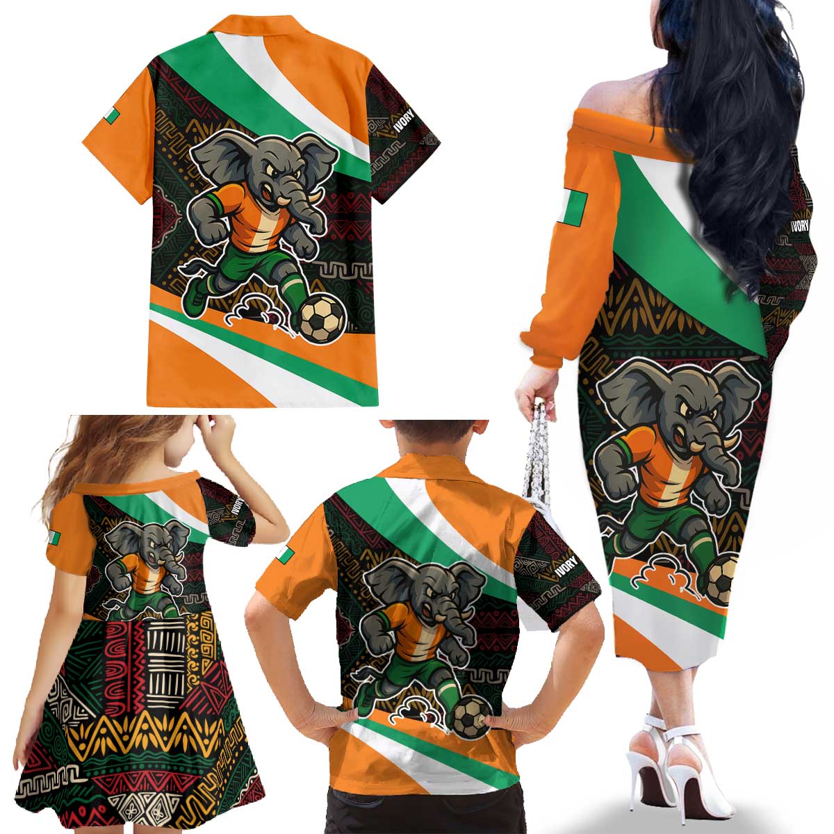 Ivory Coast Family Matching Off The Shoulder Long Sleeve Dress and Hawaiian Shirt with Soccer Elephant and Tribal Pattern Design - Wonder Print Shop