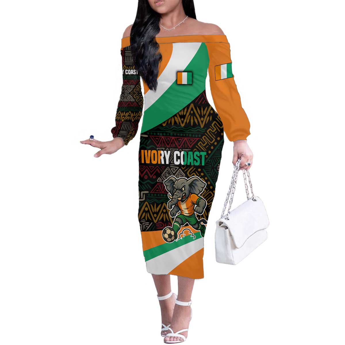 Ivory Coast Family Matching Off The Shoulder Long Sleeve Dress and Hawaiian Shirt with Soccer Elephant and Tribal Pattern Design - Wonder Print Shop