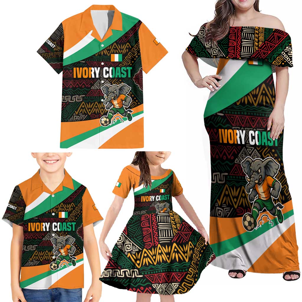 Ivory Coast Family Matching Off Shoulder Maxi Dress and Hawaiian Shirt with Soccer Elephant and Tribal Pattern Design - Wonder Print Shop