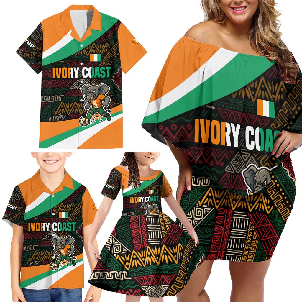 Ivory Coast Family Matching Off Shoulder Short Dress and Hawaiian Shirt with Soccer Elephant and Tribal Pattern Design - Wonder Print Shop