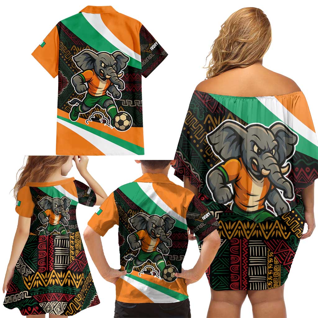 Ivory Coast Family Matching Off Shoulder Short Dress and Hawaiian Shirt with Soccer Elephant and Tribal Pattern Design - Wonder Print Shop