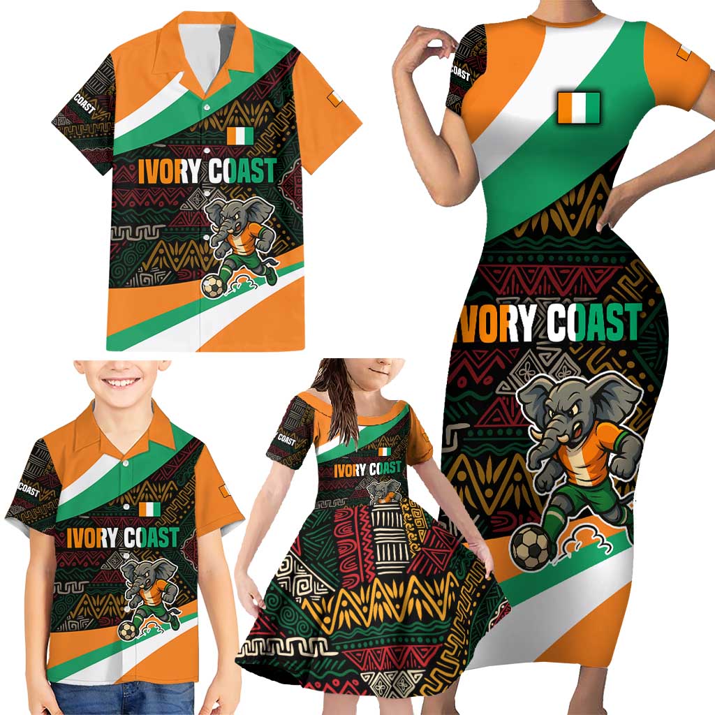Ivory Coast Family Matching Short Sleeve Bodycon Dress and Hawaiian Shirt with Soccer Elephant and Tribal Pattern Design - Wonder Print Shop