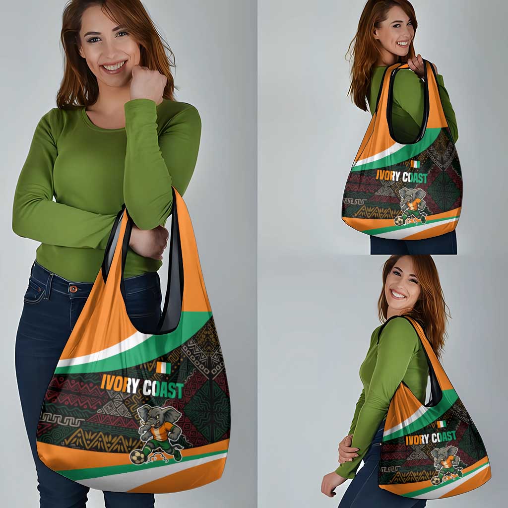 Ivory Coast Grocery Bag with Soccer Elephant and Tribal Pattern Design - Wonder Print Shop