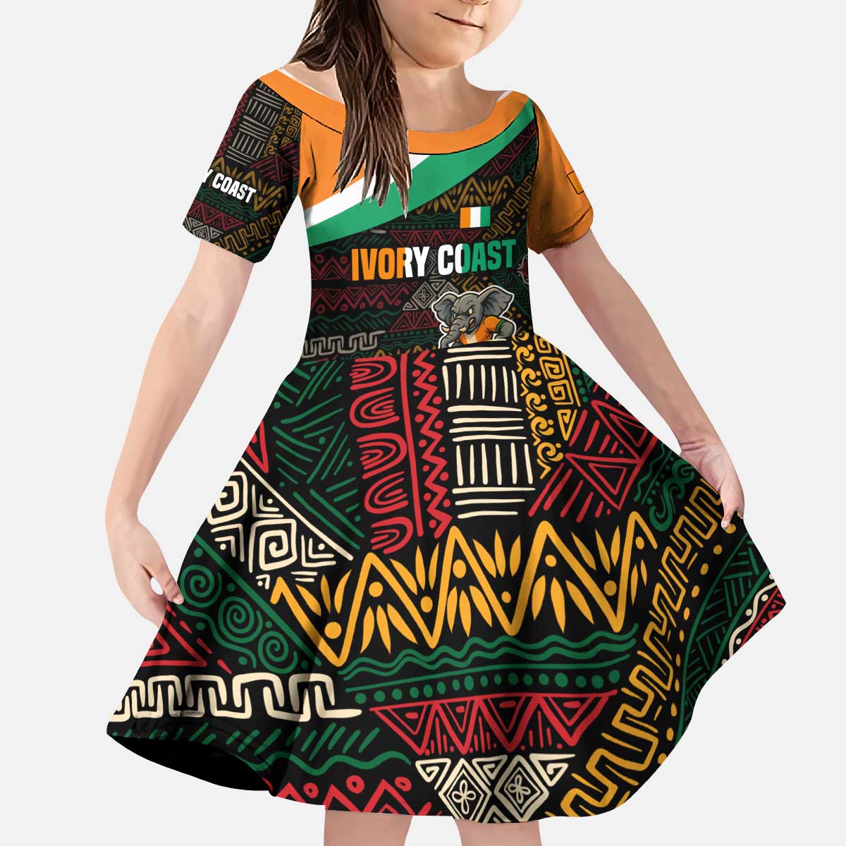 Ivory Coast Kid Short Sleeve Dress with Soccer Elephant and Tribal Pattern Design - Wonder Print Shop